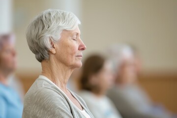 Elderly practicing breath-focused wellness techniques, senior meditation program for inner peace, gentle breathing, retirement wellness activities, mindfulness training for seniors finding serenity.