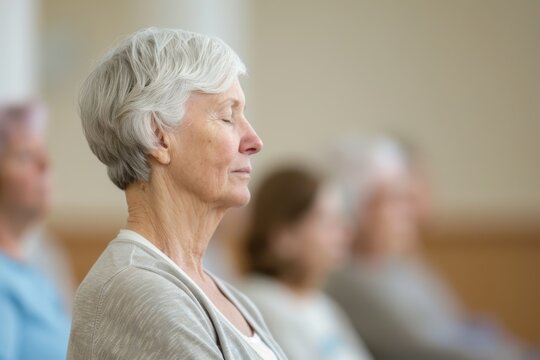 Elderly practicing breath-focused wellness techniques, senior meditation program for inner peace, gentle breathing, retirement wellness activities, mindfulness training for seniors finding serenity. - Powered by Adobe