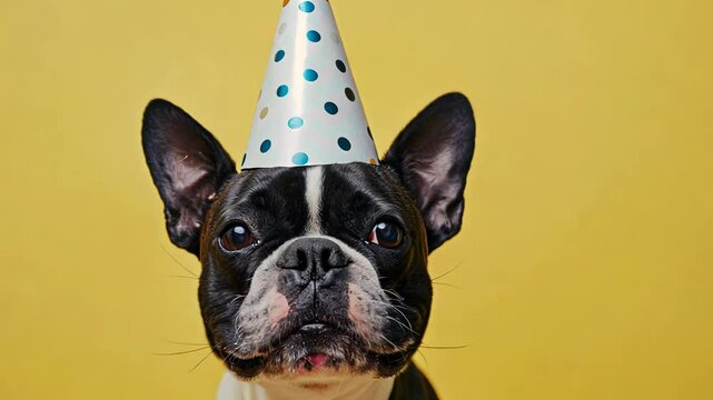 A gog in a birthday hat on a yellow background and a copy space