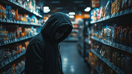 hooded silhouette of criminal with hood up stealing from store