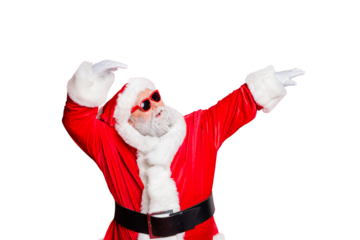 Portrait of his he funky carefree fat overweight gray-haired bearded man St Saint Nicholas having fun winter December occasion corporate isolated over bright vivid shine red background