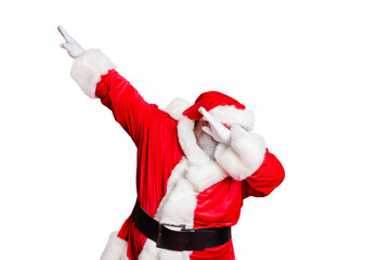 Portrait of his he nice attractive careless bearded Santa having fun leisure fairy eve noel fest...