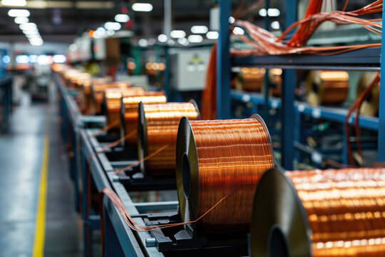 Shiny copper wire coils standing on a production line in a factory, industrial manufacturing concept