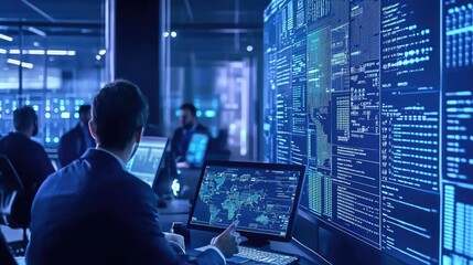 Managers discussing logistics using digital world map display in warehouse