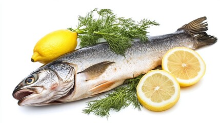 Raw fish garnished with lemon and dill, isolated on a white background