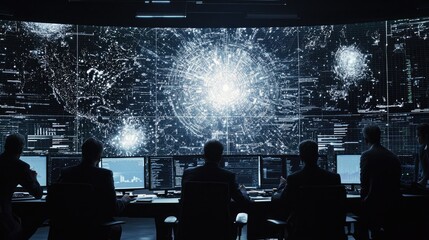 Managers discussing logistics using digital world map display in warehouse