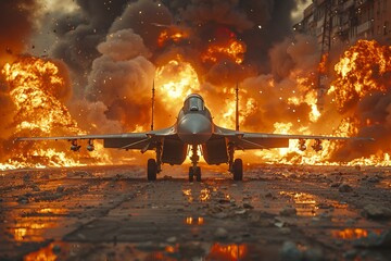 Burning Fighter Jet on military airfield, fire and explosion in background