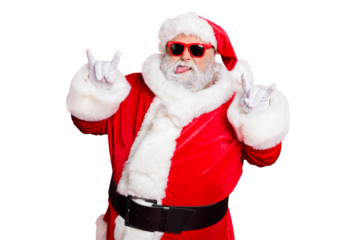 Close-up portrait of his he confident naughty fat overweight plump gray-haired bearded man having fun time showing horn sign symbol rock roll isolated over bright vivid shine red background