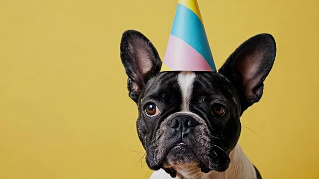A gog in a birthday hat on a yellow background and a copy space
