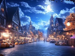 A bustling Halloween market in a medieval town square stalls lined with eerie trinkets