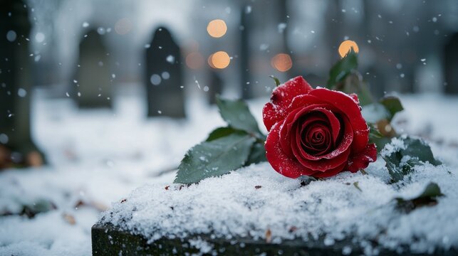 Red rose placed on a snowy gravestone in a peaceful winter cemetery