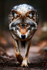 A wolf walking on a dirt road in the woods