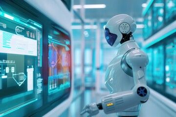Robot scientist is analyzing data displayed on a transparent digital screen in a futuristic laboratory, showcasing the advancements in artificial intelligence and automation