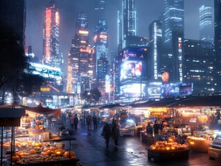 Fototapeta premium A bustling Halloween market in the heart of a neon-lit city stalls selling eerie trinkets