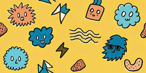 Playful 80s-inspired seamless pattern with whimsical collages for retro design