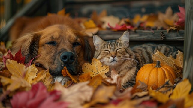 Porch Pals: Dog and Cat Relaxing Among Autumn Decor on Wooden Porch - Perfect for Halloween and Thanksgiving Themes