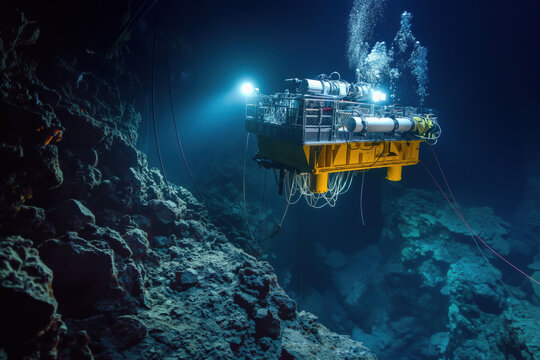 Remotely operated vehicle - rov - exploring a deep sea environment, searching for oil and gas reserves