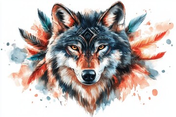 Watercolor wolf illustration with tribal designs and artistic splatter effects