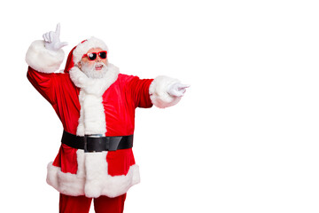 Portrait of his he funky fat overweight plump gray-haired bearded man having fun choose choice decision gift present surprise isolated over bright vivid shine red background