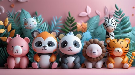 Obraz premium Cute Cartoon Animal Characters in Kawaii Flat Style - Panda, Tiger, Sloth, Zebra, Koala, and Lion