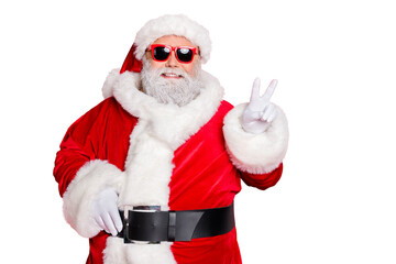 Close-up portrait of his he cheerful cheery optimistic funky fat overweight plump gray-haired bearded man showing v-sign isolated over bright vivid shine red background