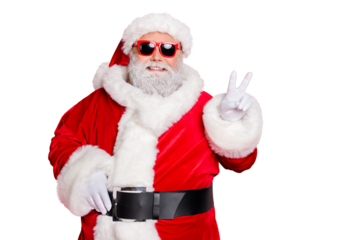 Close-up portrait of his he cheerful cheery optimistic funky fat overweight plump gray-haired bearded man showing v-sign isolated over bright vivid shine red background