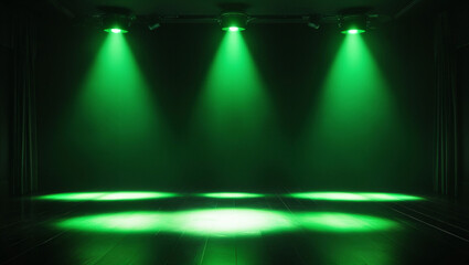 green spotlights shine on stage floor in dark room, idea for background