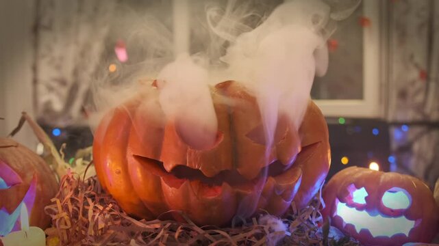 Cool Halloween jack-o-lantern glows from the inside releasing mist among small pumpkins on the threshold of a house.