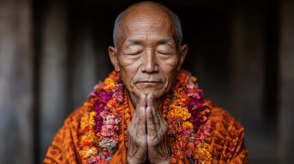 An elderly monk, wearing bright orange robes and adorned with colorful flower garlands, presses his hands together in prayer with a serene expression and eyes closed.