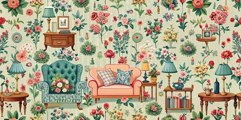 Naklejka premium Vintage floral seamless pattern in grandmillennial preppy style for home decor design
