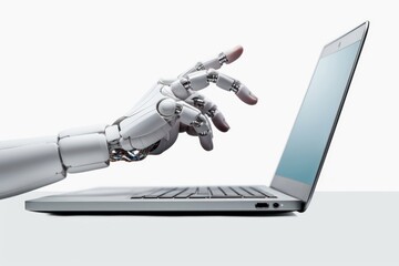 Robot hand pressing keyboard on laptop computer robot transportation. AI generated Image by rawpixel.