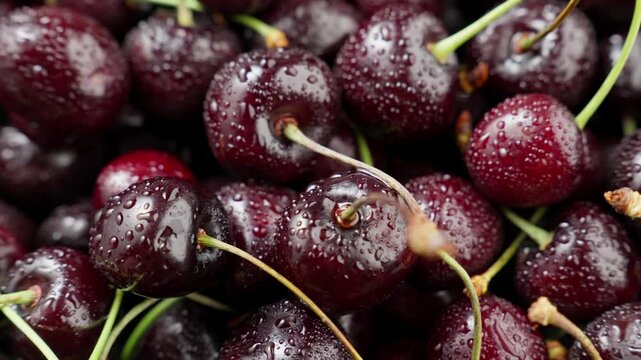 Red ripe cherries covered with drops of water. Rotating red cherry harvest. Organic food. Pile of fresh ripe cherries. Freshly picked cherries. Close-up in 4K, UHD