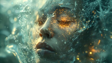 A serene moment of underwater reflection with a tranquil individual surrounded by shimmering golden lights