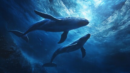 Obraz premium A pair of blue whales ventures into the abyss of the blue ocean
