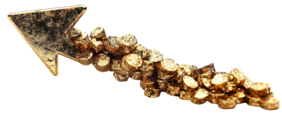 Golden arrow formed from shiny stones isolate on transparent background, png, cutout