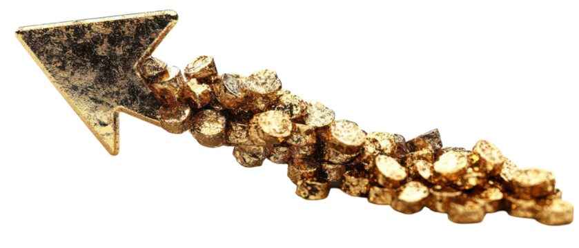 Golden arrow formed from shiny stones isolate on transparent background, png, cutout