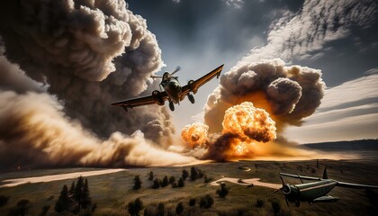 Flak explosions in a WWII dogfight cloudy sky action angle high contrast drama