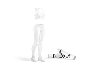 Blank white uniform and floor mat for yoga mockup, isolated