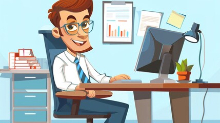 Cartoon characters engage in commercial activities in computer-based workplaces. The character works on a digital device, possibly typing on a keyboard or looking at a screen. Cartoon characters bring