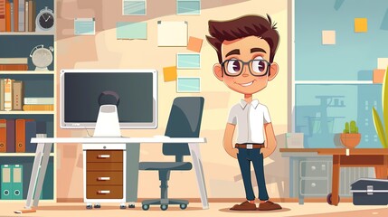 Cartoon characters engage in commercial activities in computer-based workplaces. The character works on a digital device, possibly typing on a keyboard or looking at a screen. Cartoon characters bring