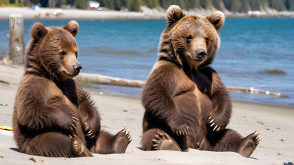 Obraz premium Baby brown bears on the beach, adorable baby black bears hanging out on he beach, ai generated