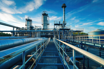 Metal walkway is leading through a futuristic zinc refinery with large blue pipes in western australia