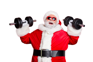 Close-up portrait of his he cheerful cheery confident funky fat overweight plump gray-haired bearded man lifting weight body building isolated over bright vivid shine red background
