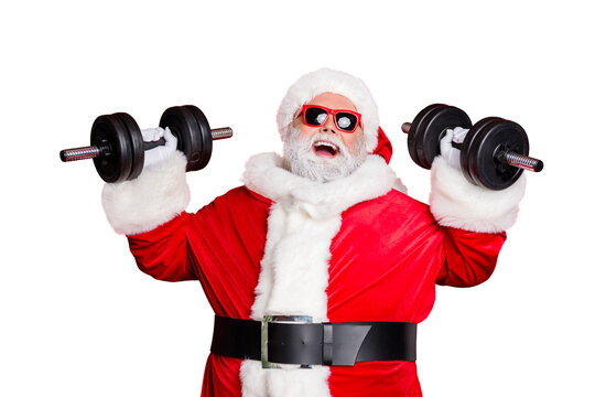 Close-up portrait of his he cheerful cheery confident funky fat overweight plump gray-haired bearded man lifting weight body building isolated over bright vivid shine red background
