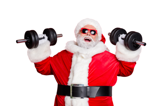 Close-up portrait of his he cheerful cheery confident funky fat overweight plump gray-haired bearded man lifting weight body building isolated over bright vivid shine red background