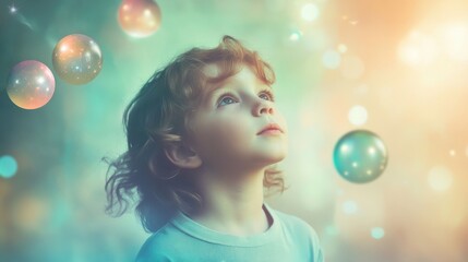 Young child gazing at floating bubbles in dreamy pastel lighting. Imagination and wonder concept