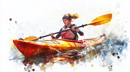 Watercolor painting of a female kayaking in water