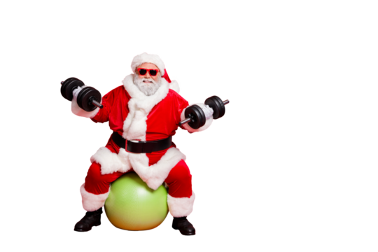 Full length body size view of his he cheerful funky fat overweight plump gray-haired bearded man sitting on ball crossfit making exercise isolated over bright vivid shine red background