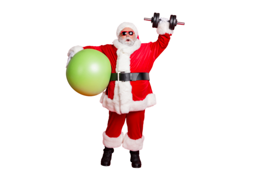 Full length body size view of nice attractive fat bearded Santa working out workout doing exercise physical calories burn pilates bodycare isolated over bright vivid shine red background