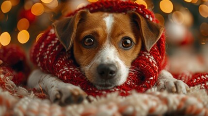 Christmas Pup with Antlers and Gifts: Adorable Dog in Red Scarf Resting Under Tree